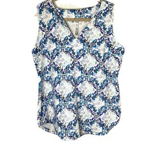 Lulu-B Women’s Medium Sleeveless V Neck Top Multicolor Blue Floral Paisley Print